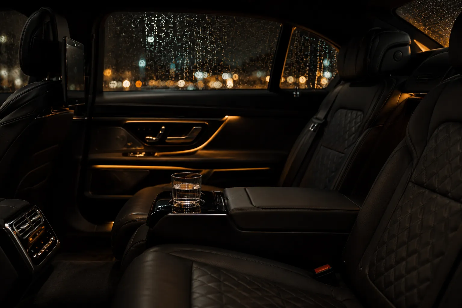 Luxury car rear cabin interior at night
